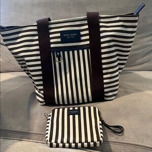 Henri Bendel Brown and White Striped‎ Tote with Pouch